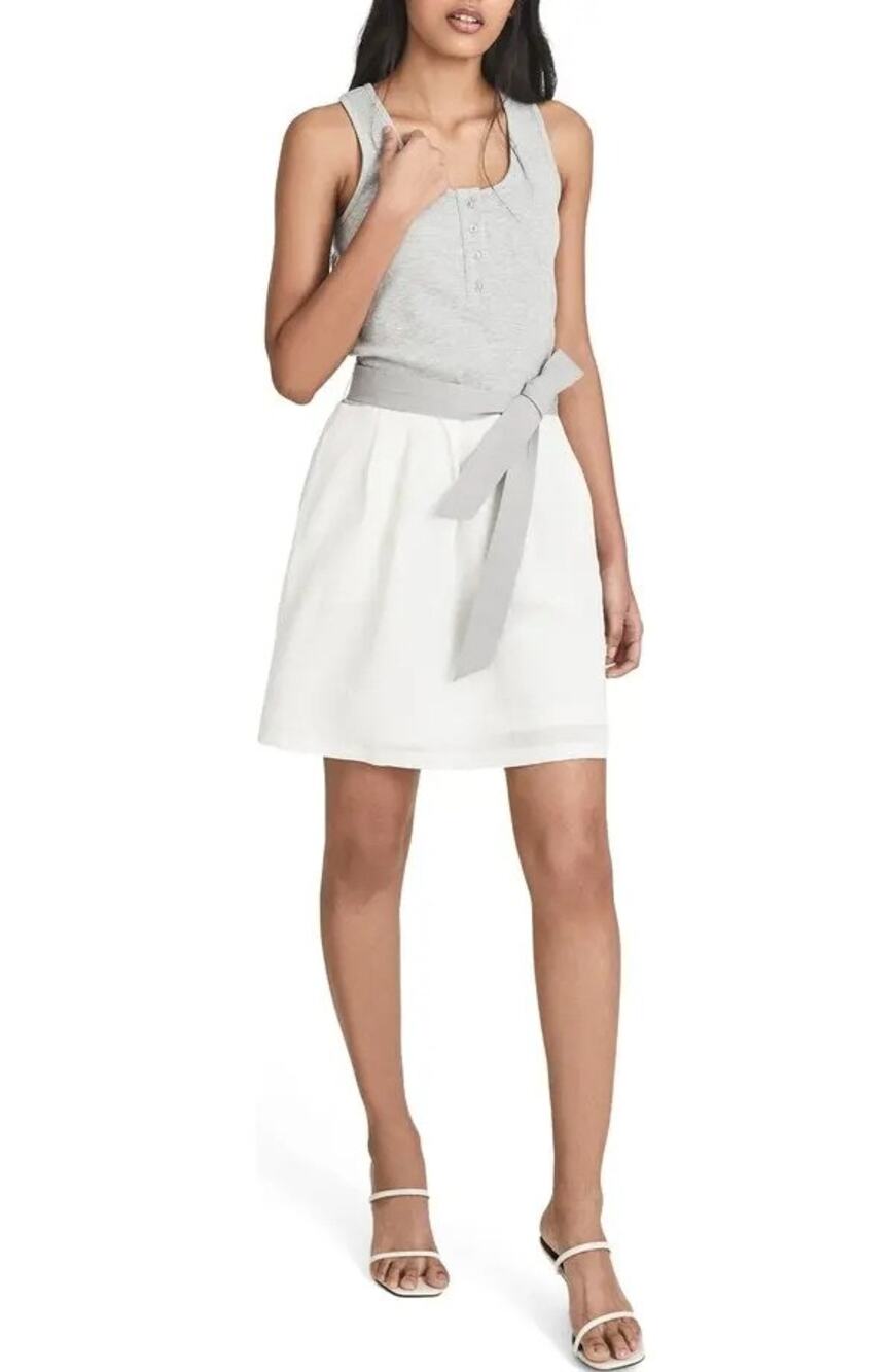 Reiss Zeta Mixed Media Tank Dress Womens Sz 10 Gray White Rib Knit Belted Hanley